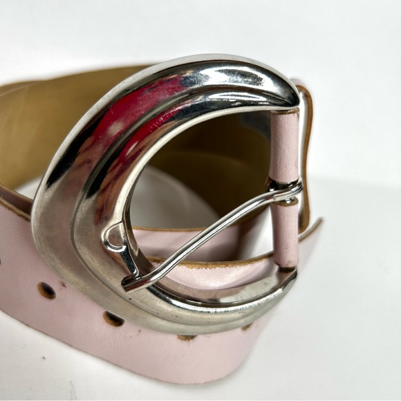 Vintage 90s Le Chateau Baby Pink Vegan Leather Belt Big Silver Buckle Wide S/M - Picture 3 of 15